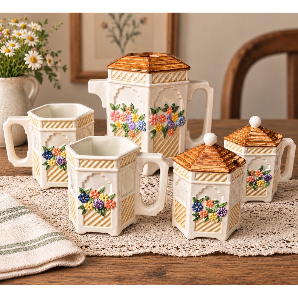 Otagiri Design East Japan 6 Pc Tea Set Hand Painted Garden Gazebo Cottage Core